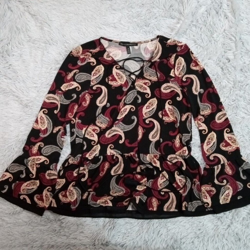 White House Black Market Black Paisley Lace-Up Peplum Blouse